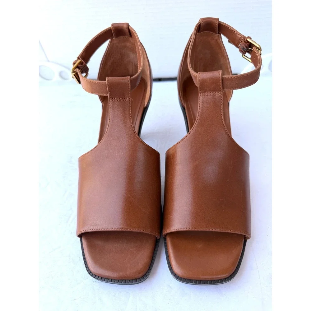 Alex Marie New Brown Leather Ankle Strap Block Heel Square Toe Sandals 8.5M NWOB